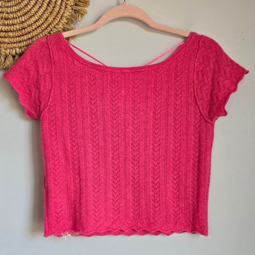 Free People NEW Hera Pink Cashmere Pointelle Short Sleeve Crop Sweater SZ Small - Picture 5 of 10